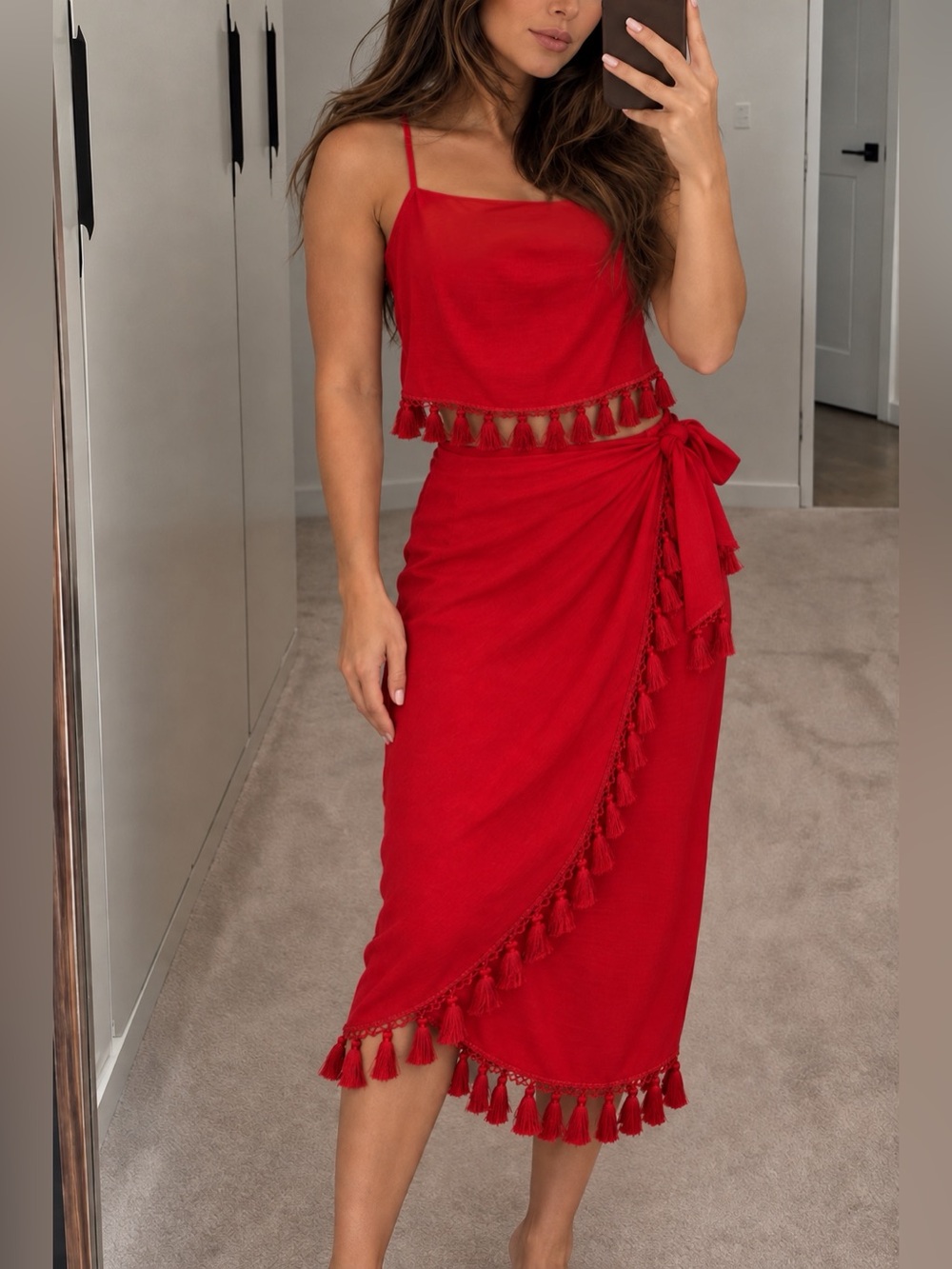 Sugar Lipz- ASOS Red Tassel Finge trim tie wrap skirt & top 2 piece SET